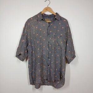 Utopia Shirt Mens Large Button Front Blue Orange Silk Abstract Print Retro Art